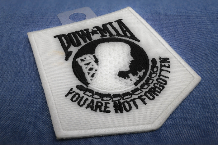 White POW MIA Iron on Patch diagonal view