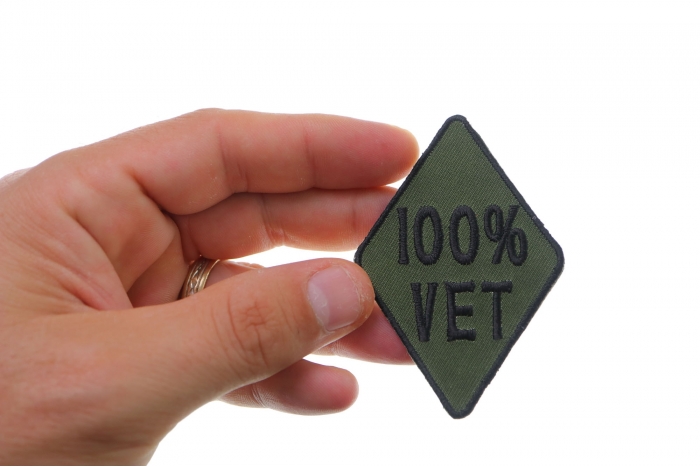 100 Percent Vet Patch, Military Patches shown on hand for size comparison