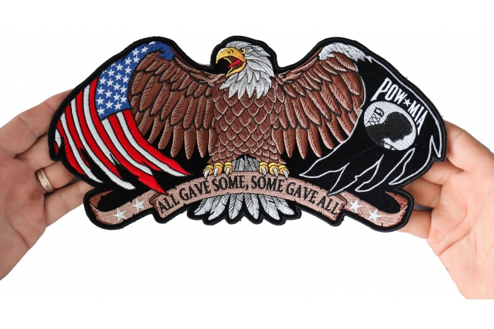 All Gave Some and Some Gave All POW MIA Eagle Patch, Large Eagle Back Patches shown on hand for size comparison