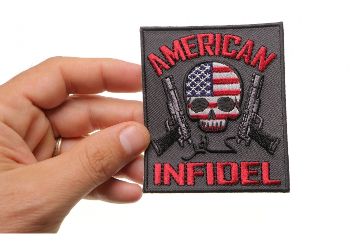 American Infidel Skulls and Guns  Patch, Skull Patches shown on hand for size comparison