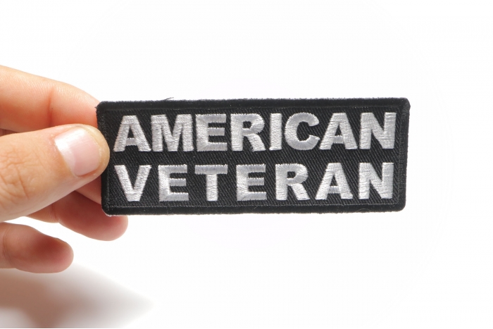 American Veteran Patch, Military Vet Patches shown on hand for size comparison