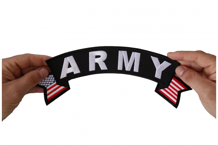 Army Patch, US Flag Large Rocker Patch shown on hand for size comparison