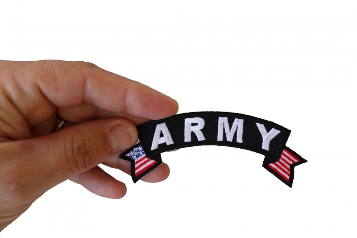 Army Small US Flag Rocker Patch shown on hand for size comparison