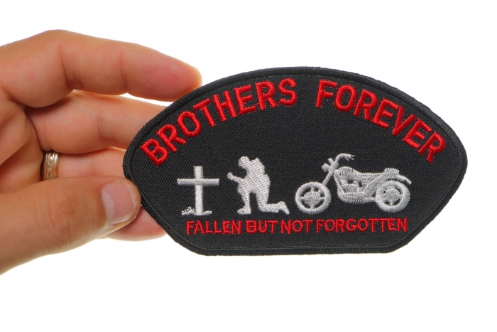 Brothers Forever Biker Cap Patch shown on hand for size comparison