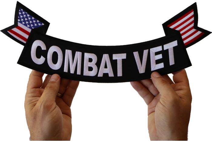 Combat Vet Patch, US Flag Large Rocker Patch shown on hand for size comparison