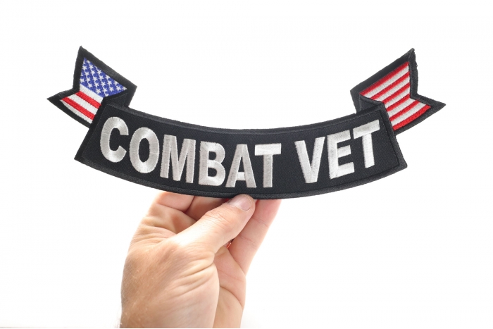 Combat Vet Patch, US Flag Large Rocker Patch shown on hand for size comparison