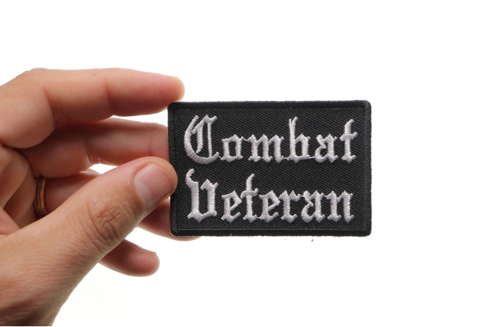 Combat Veteran Patch In Old English, Military Vet Patches shown on hand for size comparison