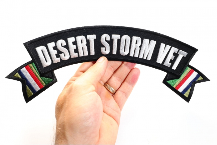 Desert Storm Vet Patch, US Flag Large Rocker Patch shown on hand for size comparison