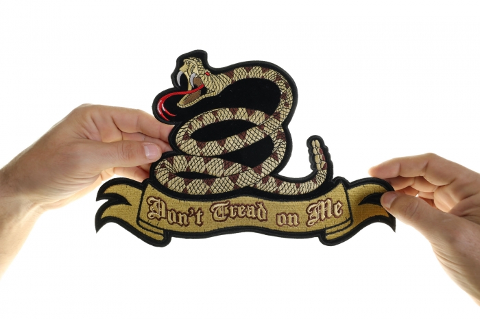 Don't Tread on Me Snake Patch, Large Patriotic Patches shown on hand for size comparison