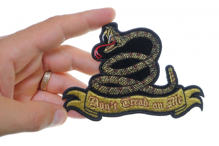 Don't Tread On Me Patch, Small Embroidered Iron on Patches shown on hand for size comparison