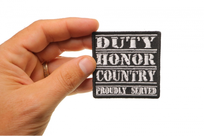 Duty Honor Country Proudly Served Patch, Patriotic Patches shown on hand for size comparison