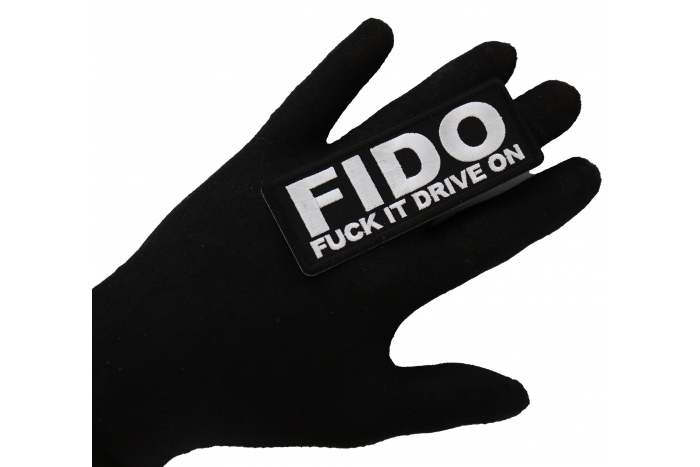 FIDO Fuck it drive on Patch, Biker Sayings shown on hand for size comparison