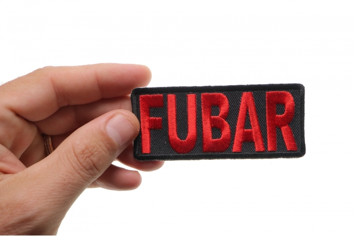 Fubar Patch, Funny Patches for Adults shown on hand for size comparison