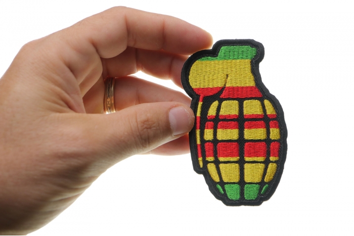 Grenade Iron on Patch Vietnam Colors shown on hand for size comparison