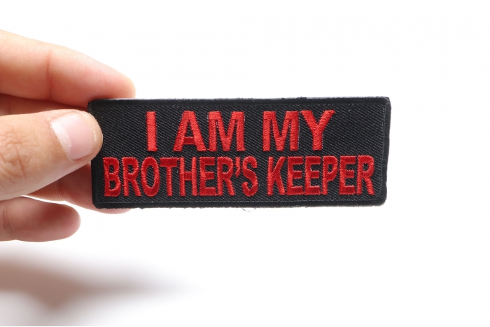 I Am My Brother's Keeper Patch, Biker Sayings shown on hand for size comparison