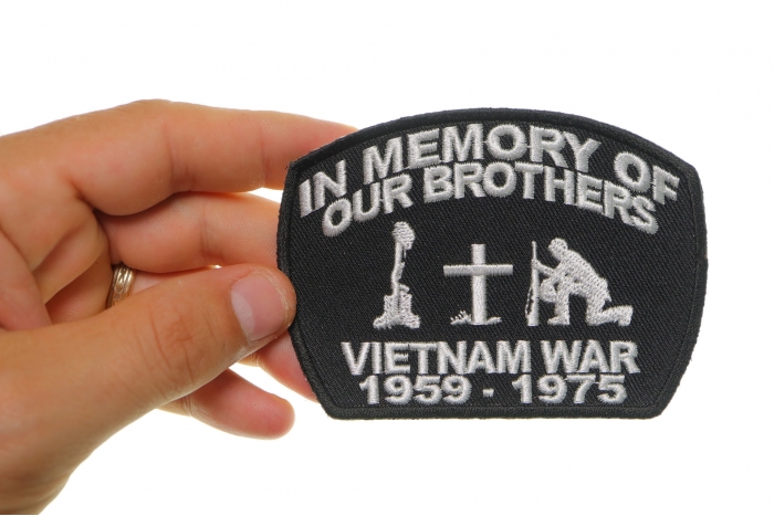 In Memory Of Our Brothers Vietnam War Patch shown on hand for size comparison