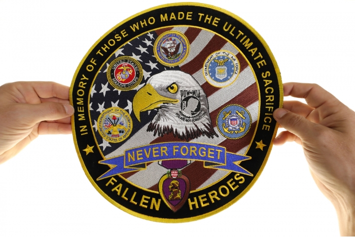 Never Forget Patch In Memory of Fallen Heroes, Large Patriotic Patches shown on hand for size comparison