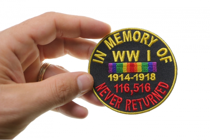 In Memory Of World War 1 Round Iron on Patch shown on hand for size comparison
