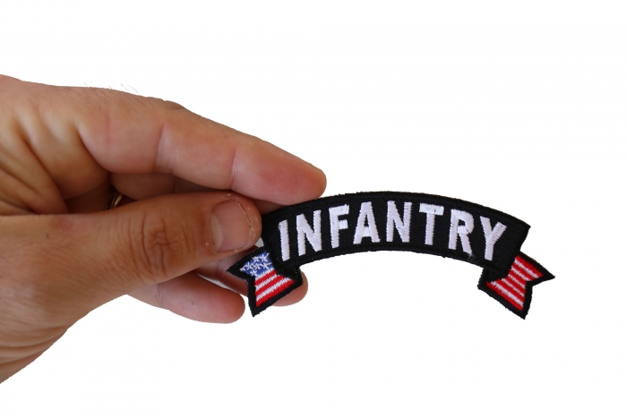 Infantry Small Flag Rocker Patch shown on hand for size comparison