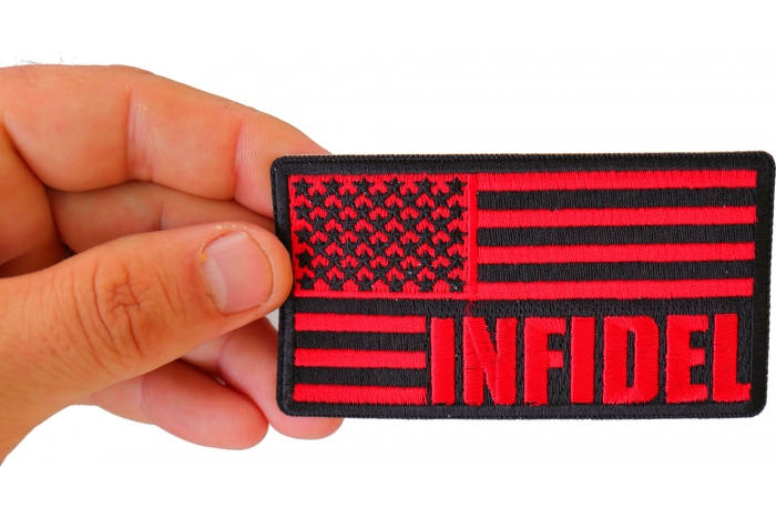 Infidel American Flag Black Red Patch shown on hand for size comparison