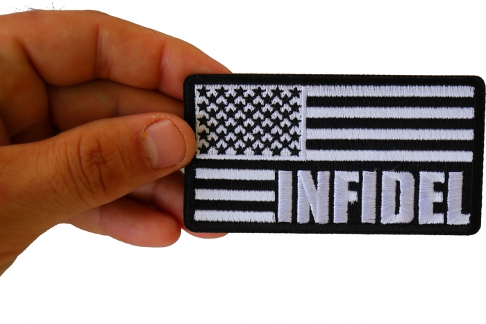 Infidel American Flag Black White Patch shown on hand for size comparison