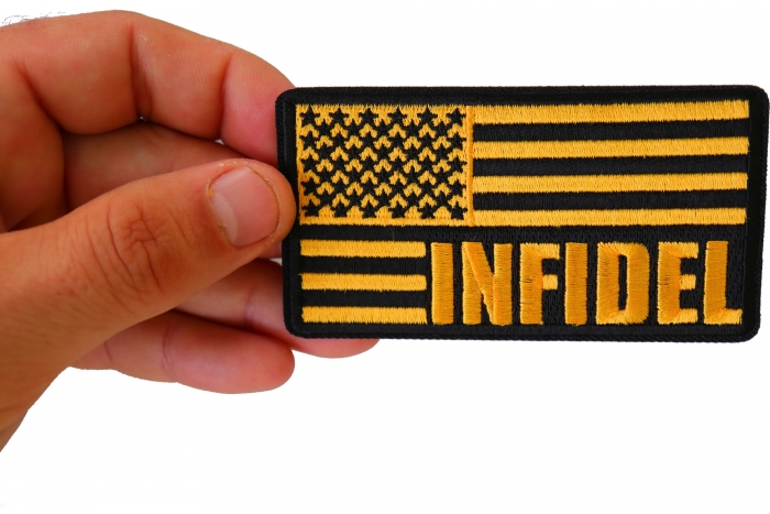 Infidel American Flag Black Yellow Patch shown on hand for size comparison