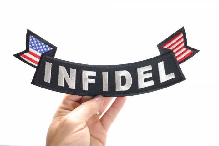 Infidel Patch, US Flag Large Rocker Patch shown on hand for size comparison
