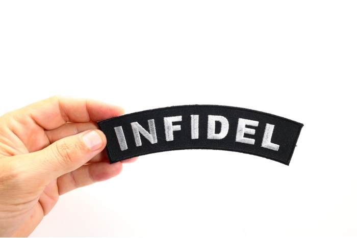 Infidel Patch, Patches for Jackets shown on hand for size comparison