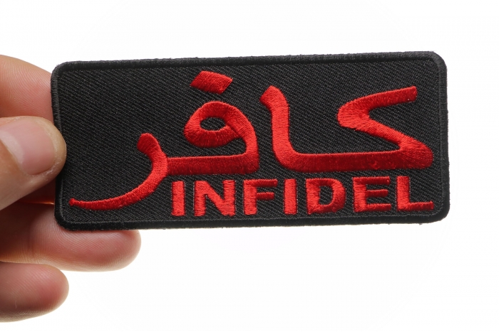 Infidel Patch Red With Arabic shown on hand for size comparison