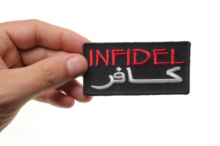 Infidel Patch, Military Saying Patches shown on hand for size comparison