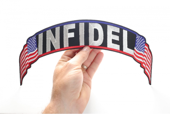Infidel Patch, US Flag Large Rocker Patch shown on hand for size comparison