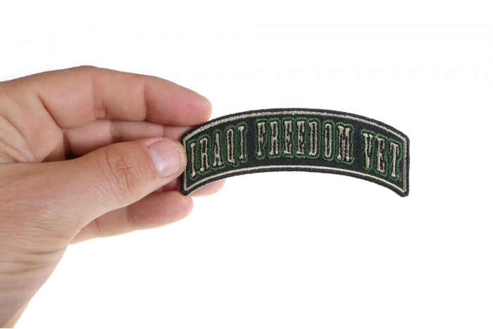 Iraqi Freedom Vet Rocker Small Patch shown on hand for size comparison