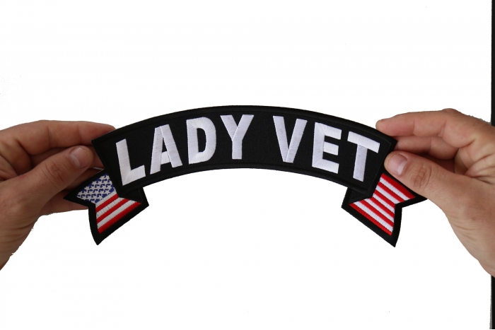 Lady Vet Patch, US Flag Large Rocker Patch shown on hand for size comparison