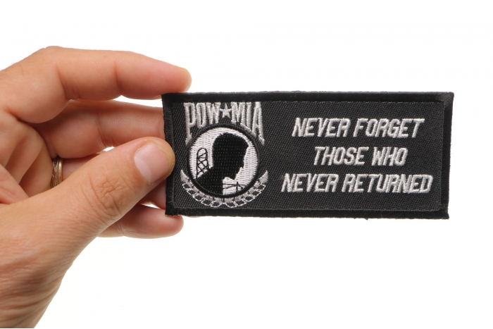 Never Forget Those Who Never Returned POW MIA Patch, Patriotic Patches shown on hand for size comparison