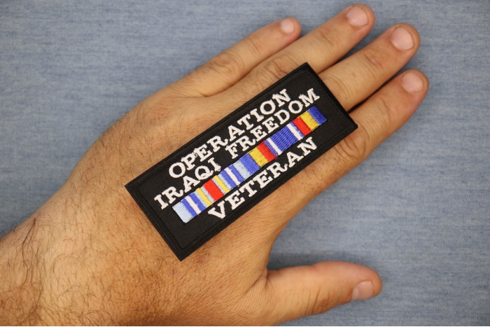 Operation Iraqi Freedom Veteran Patch, Military Vet Patches shown on hand for size comparison
