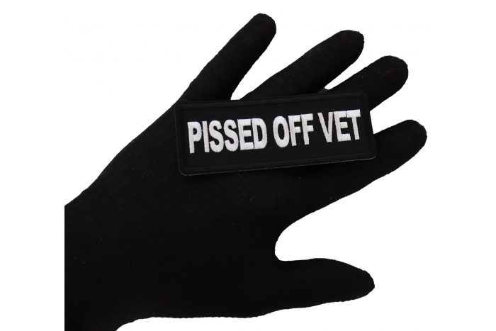 Pissed off Vet Patch, Military Saying Patches shown on hand for size comparison