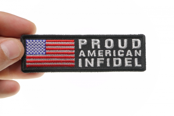 Proud American Infidel Patch, Military Saying Patches shown on hand for size comparison