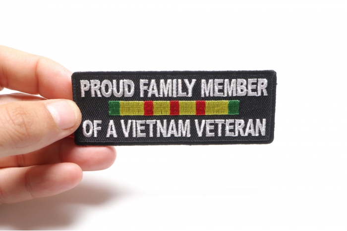 Proud Family Vietnam Vet Patch shown on hand for size comparison