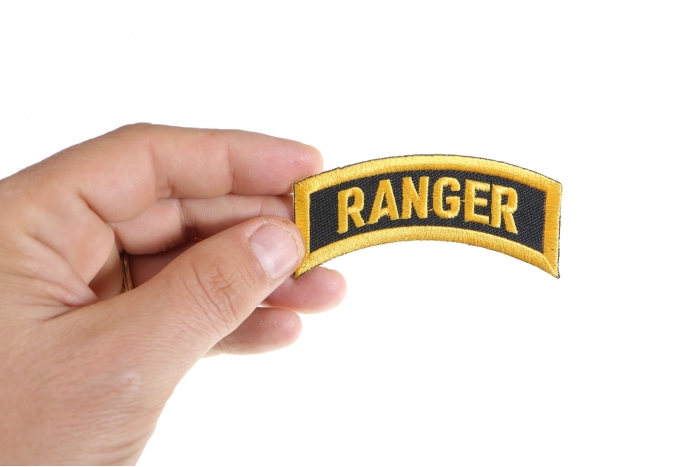 Ranger Rocker Patch shown on hand for size comparison