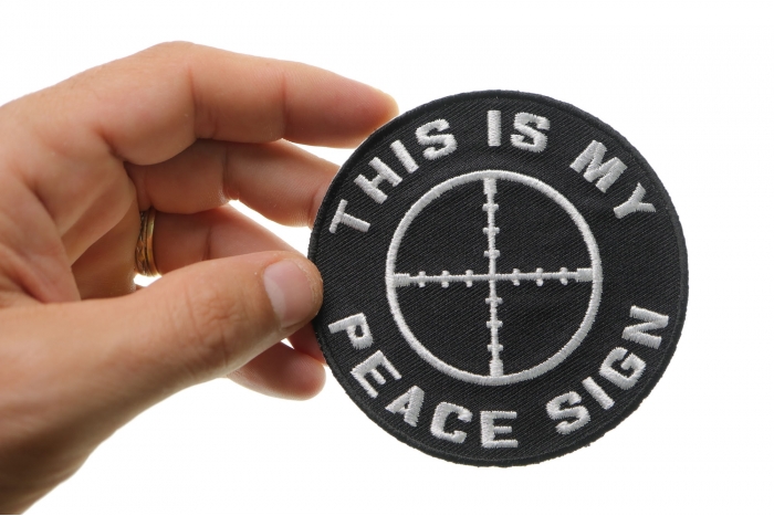 This Is My Peace Sign Funny Military Morale Patch shown on hand for size comparison