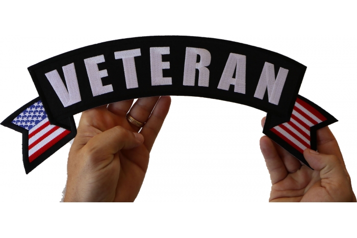 Veteran Patch, US Flag Large Rocker Patch shown on hand for size comparison
