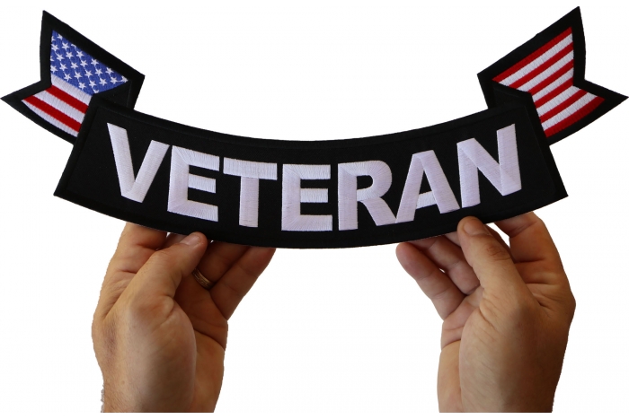 Veteran Patch, US Flag Large Rocker Patch shown on hand for size comparison