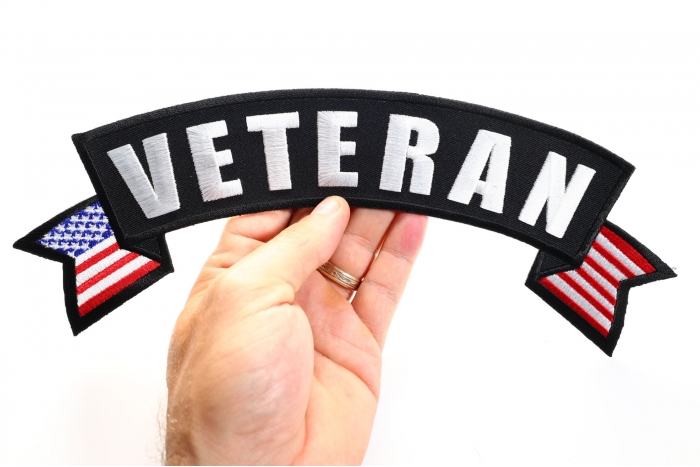 Veteran Patch, US Flag Large Rocker Patch shown on hand for size comparison