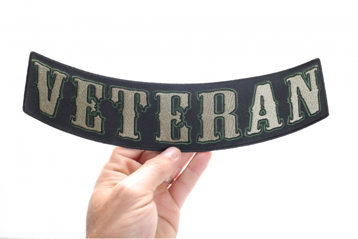 Veteran Patch, Large Rocker Patches shown on hand for size comparison