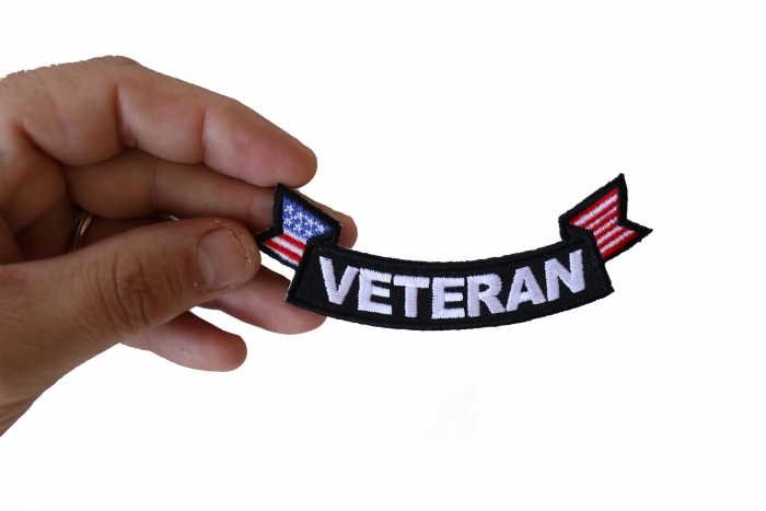 Veteran Back Patch with American Flag, Military Vet Patches shown on hand for size comparison