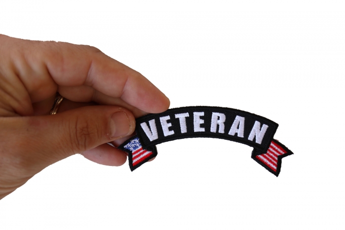 Upper Back Veteran Patch with American Flags, Military Vet Patches shown on hand for size comparison