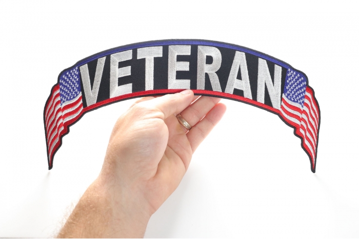 Veteran Patch, US Flag Large Rocker Patch shown on hand for size comparison