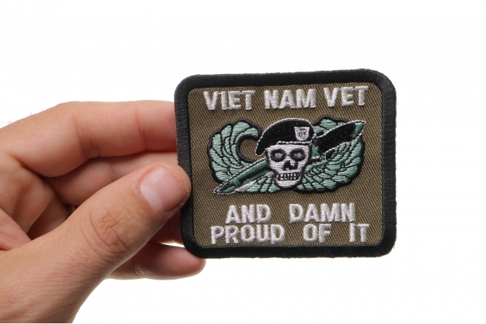 Vietnam Vet and Damn Proud Of It Patch, Skull Patches shown on hand for size comparison