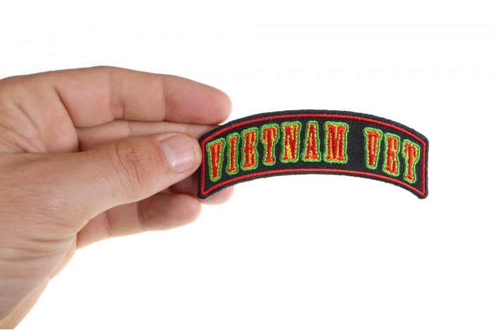 Vietnam Vet Rocker Small Patch shown on hand for size comparison