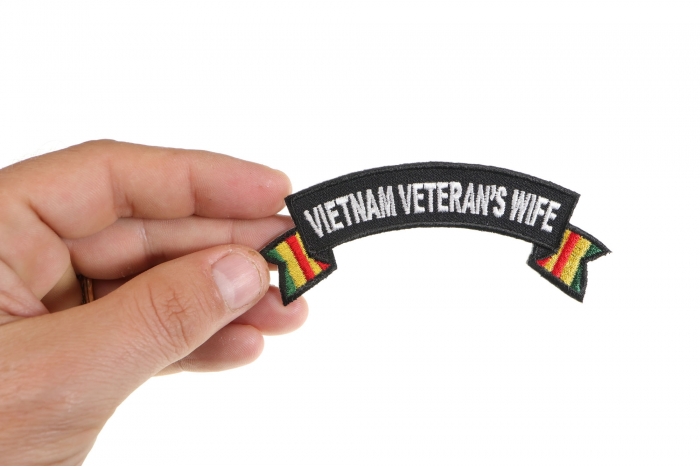 Vietnam Veteran's Wife Patch, Military Vet Patches shown on hand for size comparison